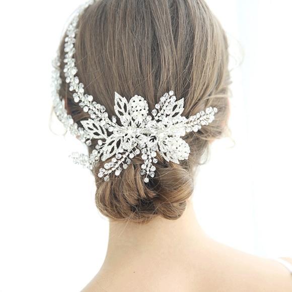 Bride Crystal Large Flower Leaf headpiece wedding